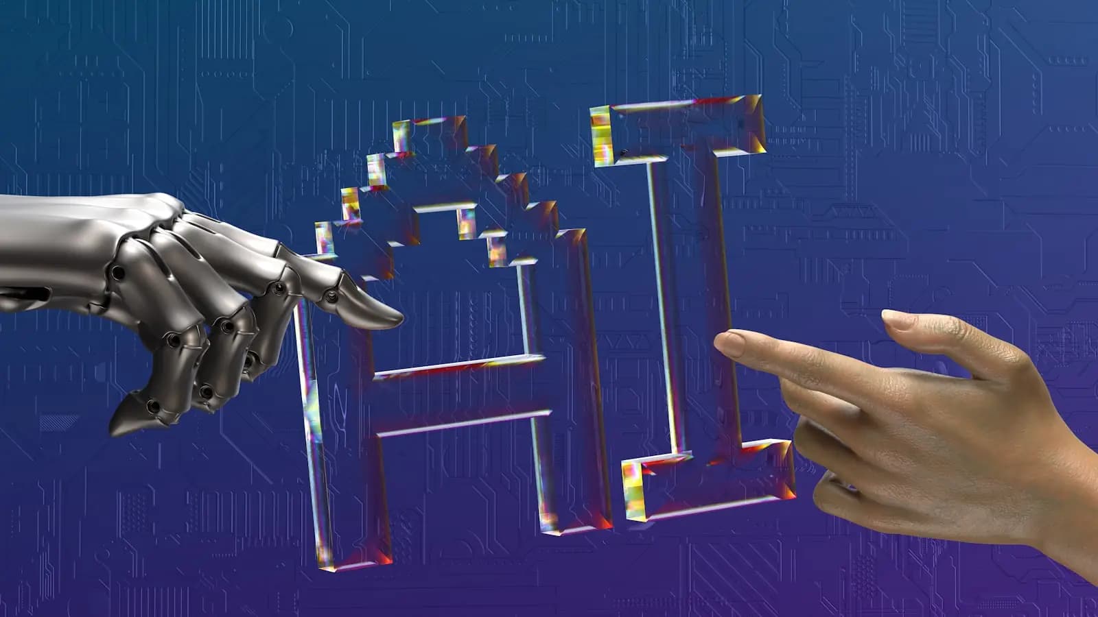 robot and human hands reaching toward ai text — illustrating How to get your brand cited inside AI answers.